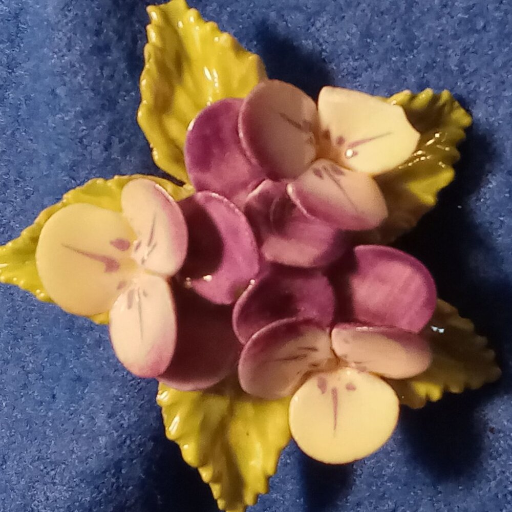 Vintage Coalport Brooch Floral Purple Green Porcelain Pin Fine Bone China